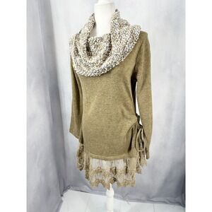 Ryu Olive Boho Boucle Cowl Neck Lace Tunic Top Women's Size Small